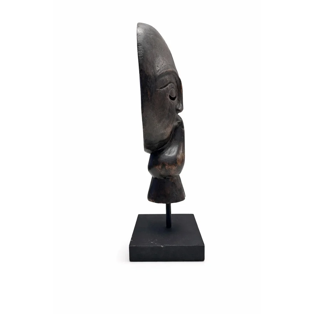 Hand-Carved Wooden “Shh” Mask Sculpture on Stand – African Style Art Decor